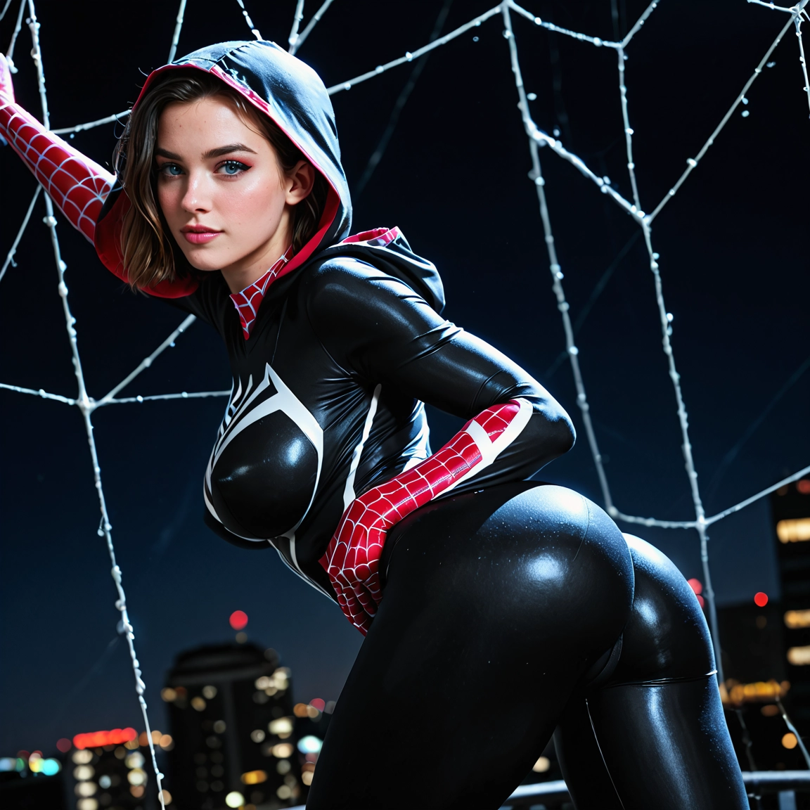 1girl, ass, solo, bodysuit, hood, blue eyes · Yamete.gg