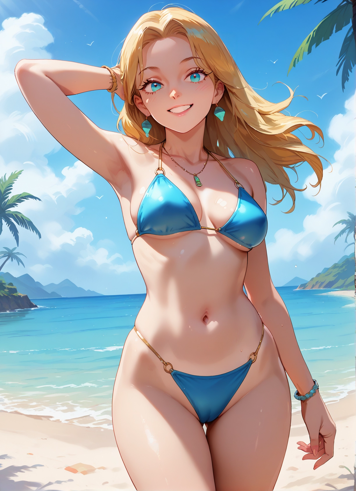 1girl, jewelry, swimsuit, outdoors, navel, solo