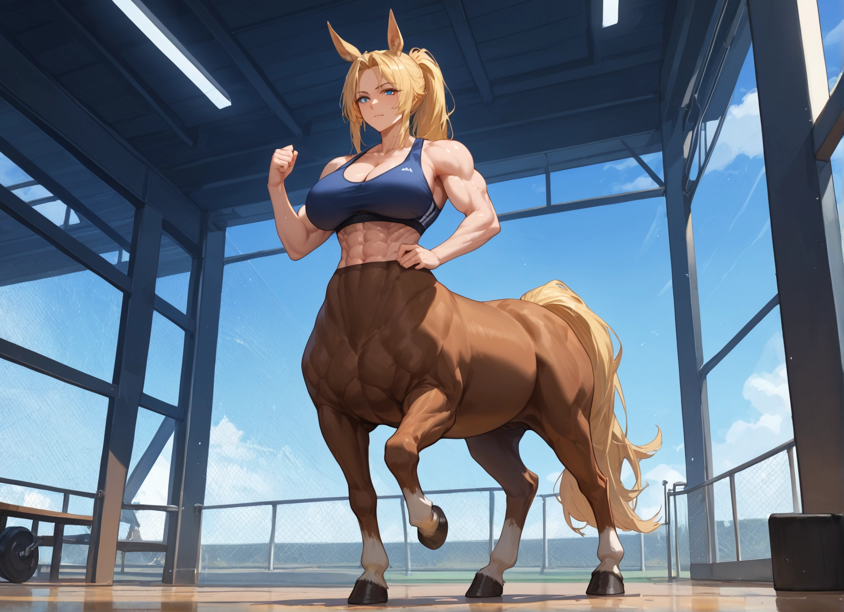 blonde hair, 1girl, taur, monster girl, muscular, animal ears · Yamete.gg