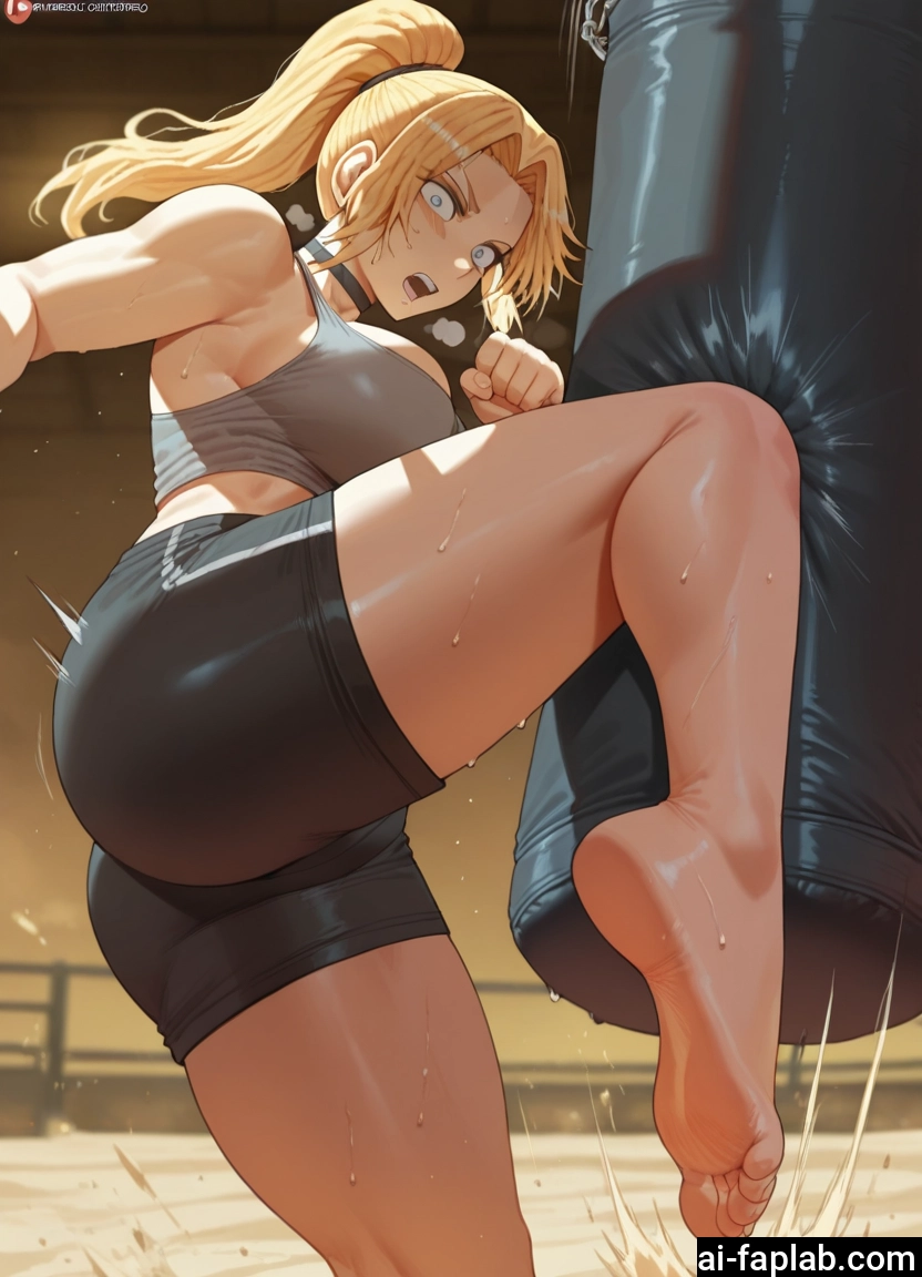 1girl, blonde hair, breasts, barefoot, punching bag, ponytail