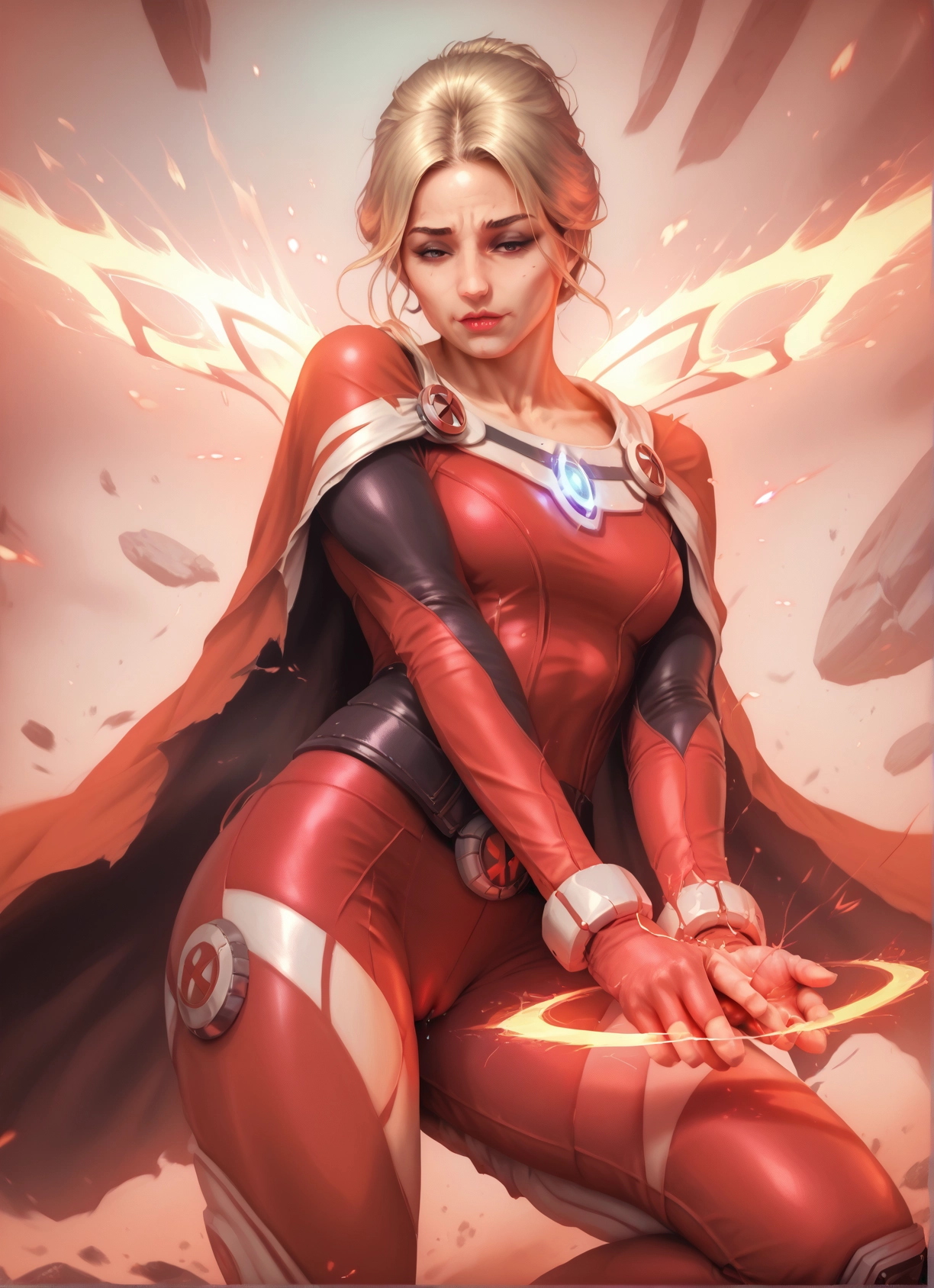 1girl, solo, blonde hair, bodysuit, wings, cape · Yamete.gg