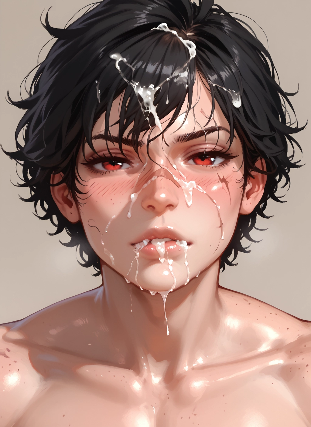 cum, red eyes, solo, facial, cum in mouth, short hair · Yamete.gg
