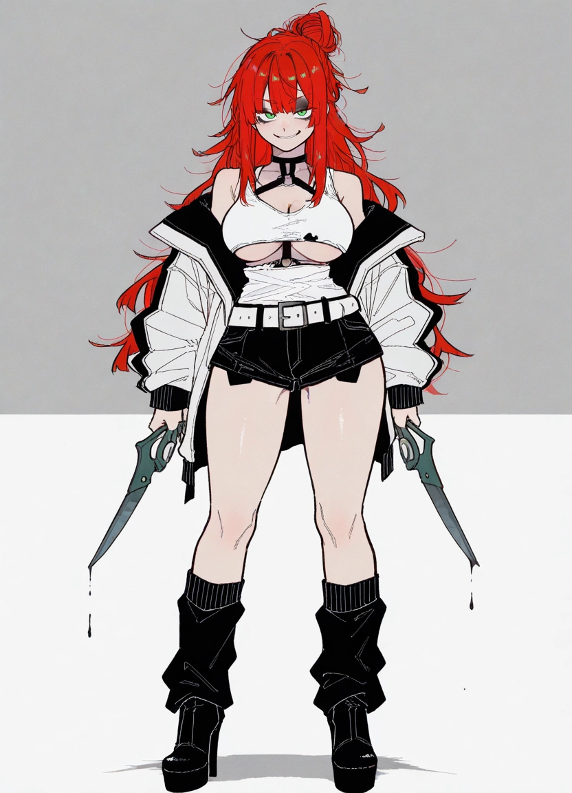1girl, breasts, green eyes, red hair, jacket, solo · Yamete.gg