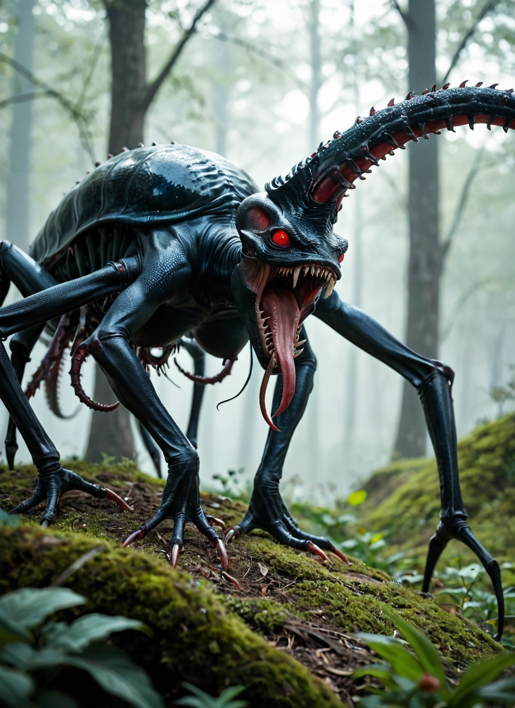 no humans, tongue, red eyes, nature, forest, open mouth