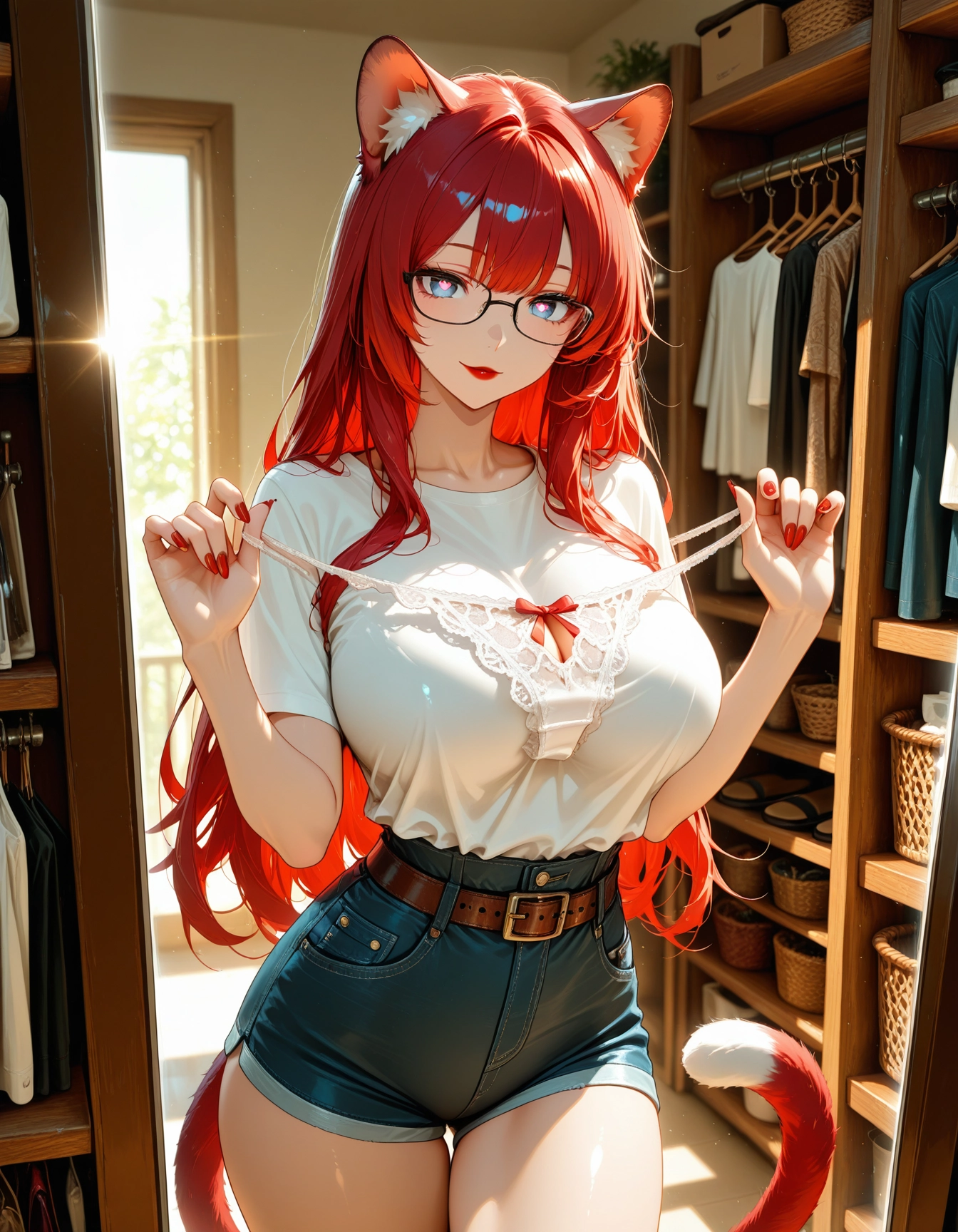 1girl, solo, animal ears, red hair, breasts, tail