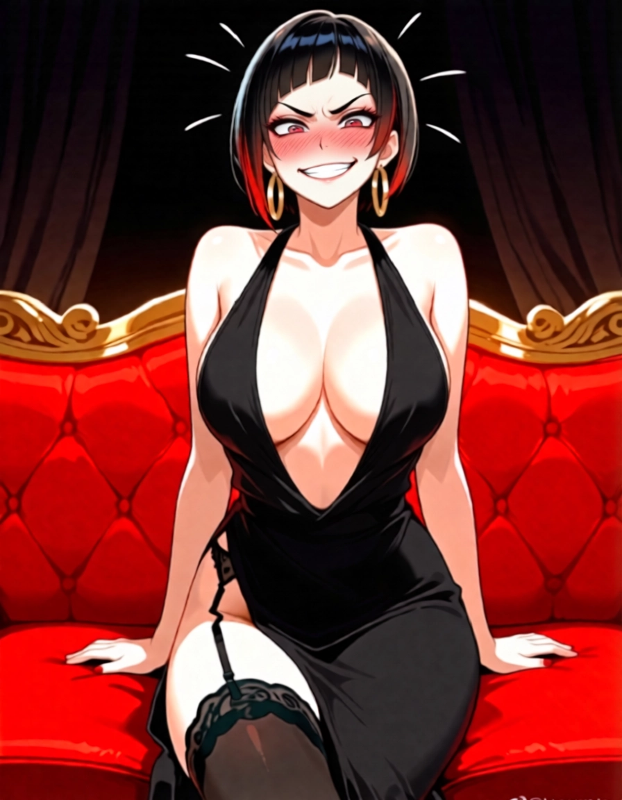 1girl, breasts, solo, black hair, dress, earrings · Yamete.gg