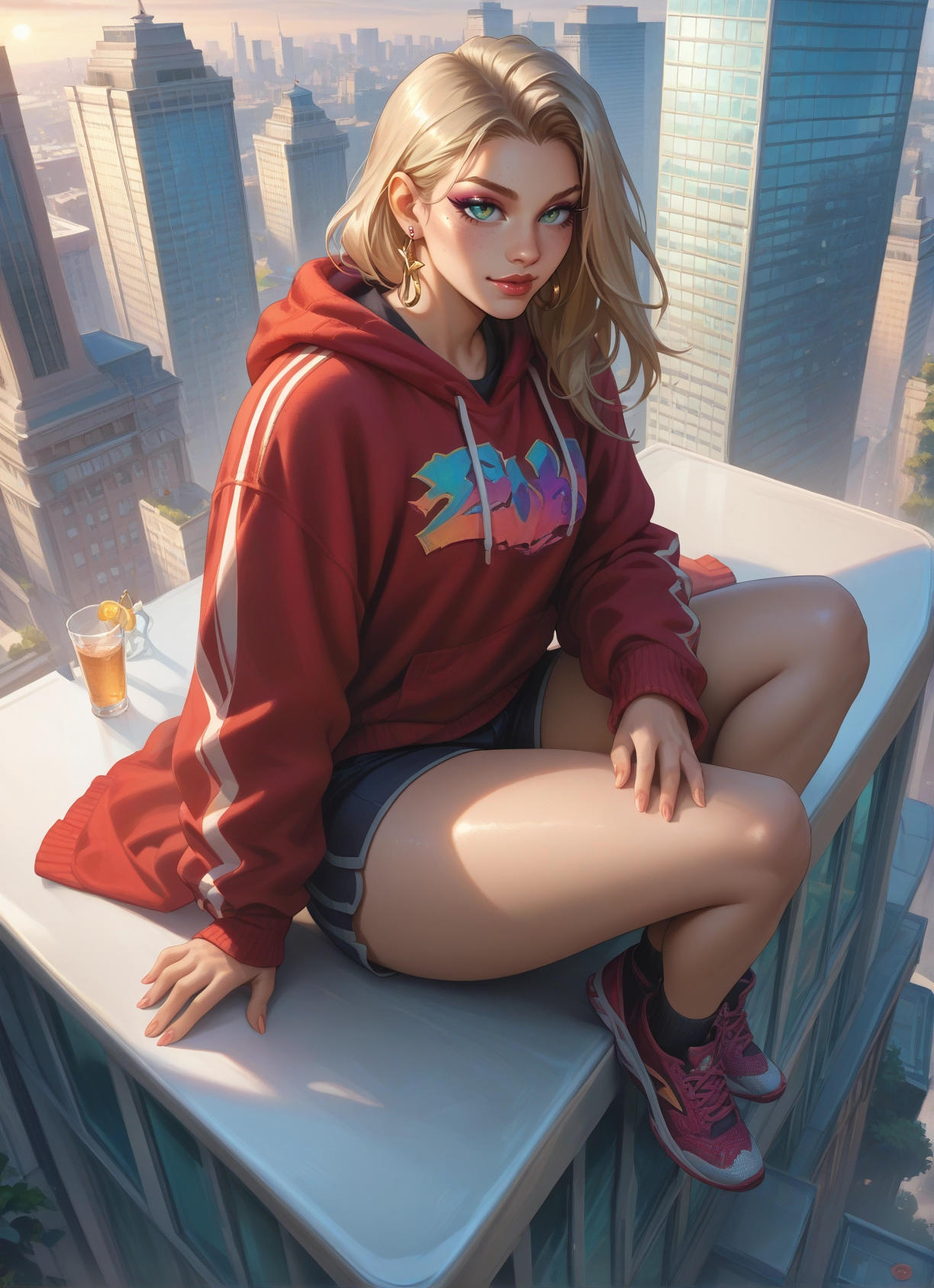 1girl, jewelry, earrings, blonde hair, shorts, solo · Yamete.gg