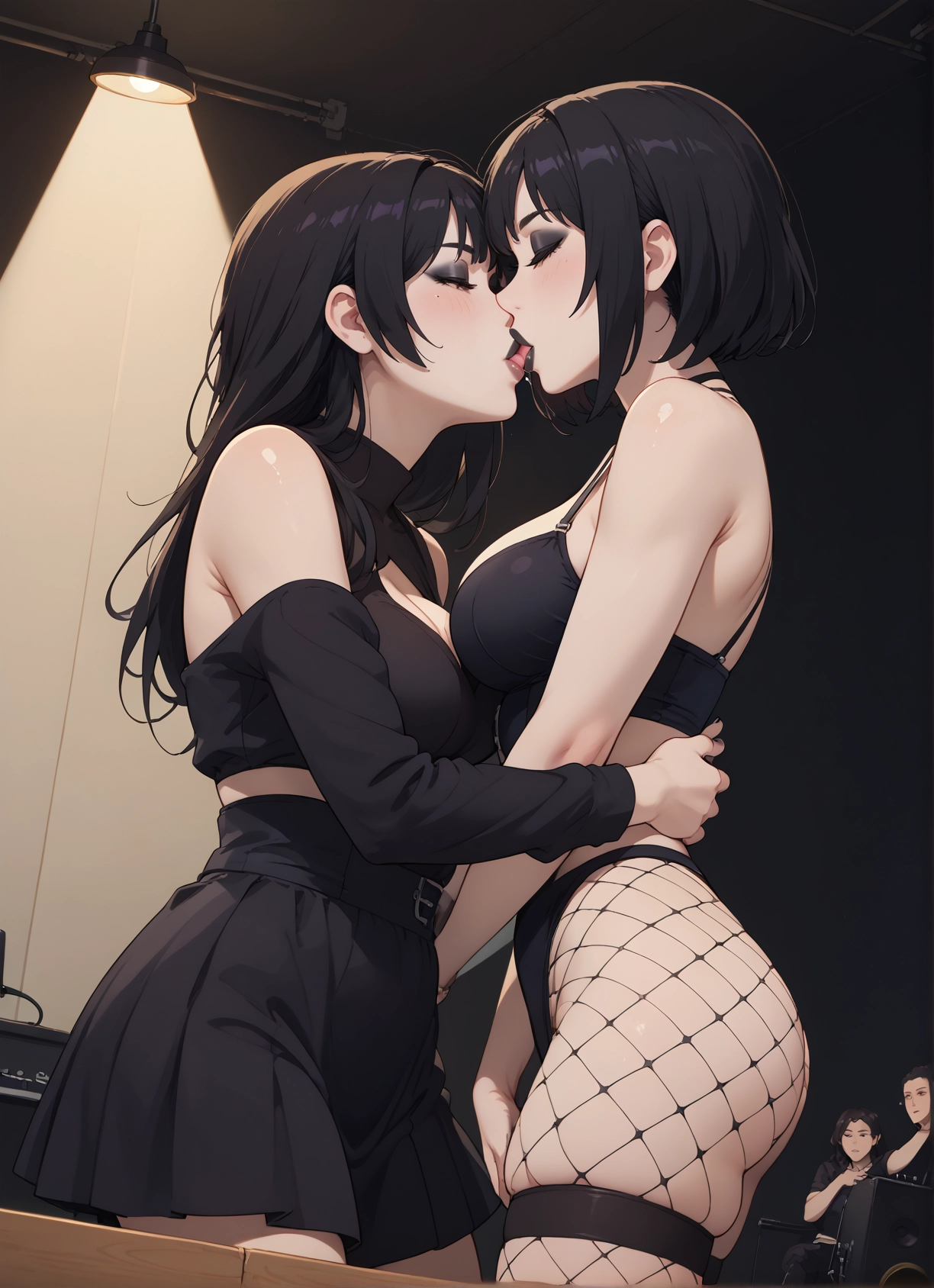 breasts, multiple girls, fishnets, kiss, yuri, skirt · Yamete.gg