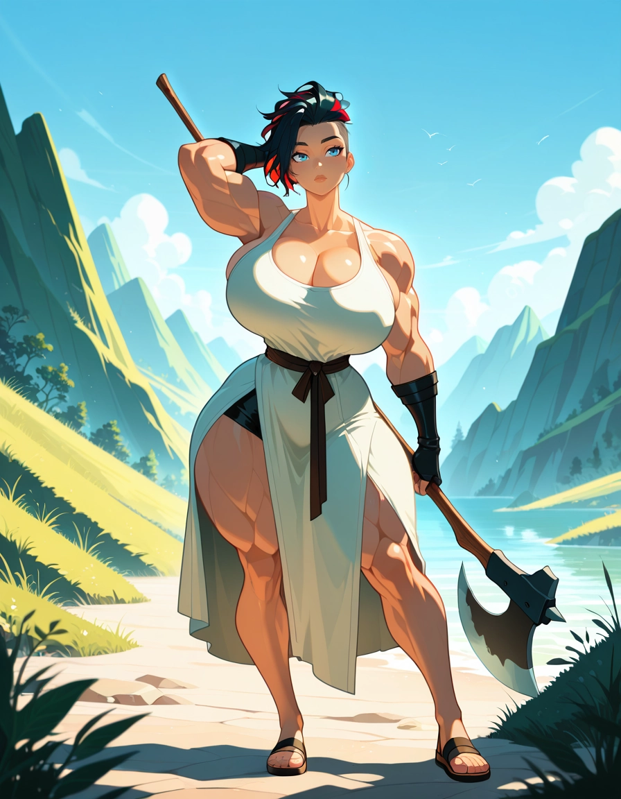 1girl, axe, muscular female, breasts, sandals, muscular · Yamete.gg