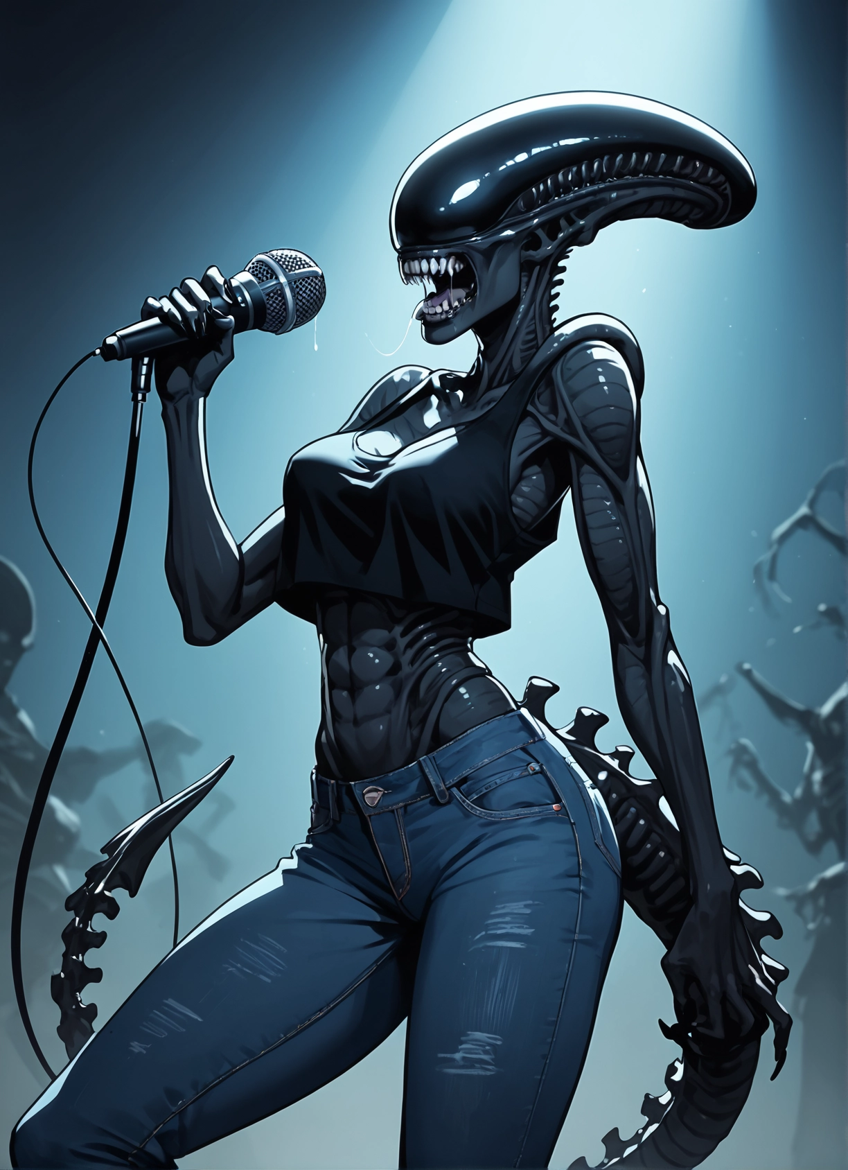 1girl, microphone, pants, denim, tail, abs · Yamete.gg