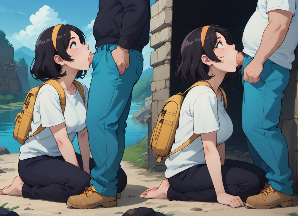 1girl, hetero, penis, fellatio, black hair, 1boy