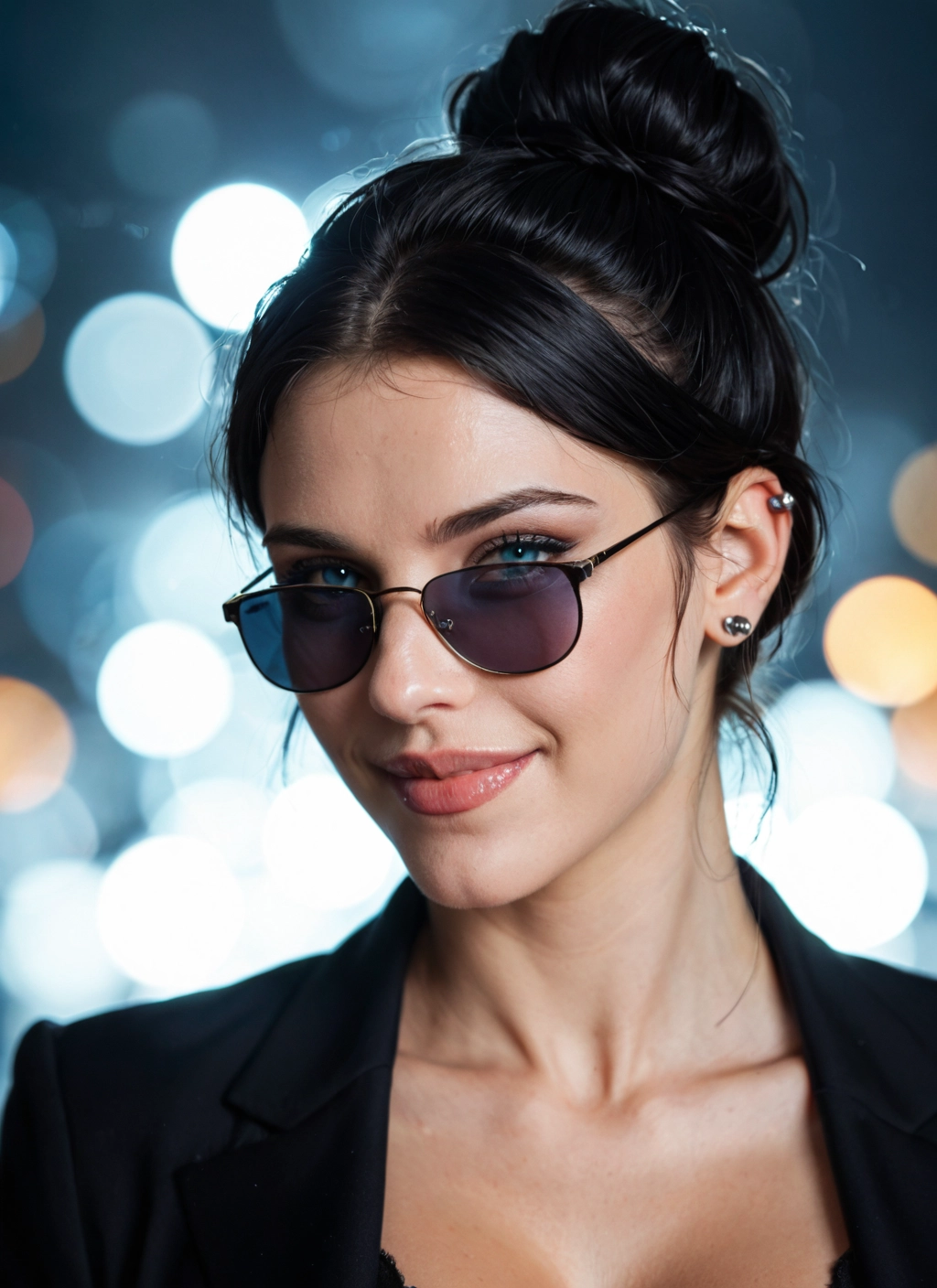 1girl, solo, sunglasses, black hair, jewelry, blue eyes · Yamete.gg
