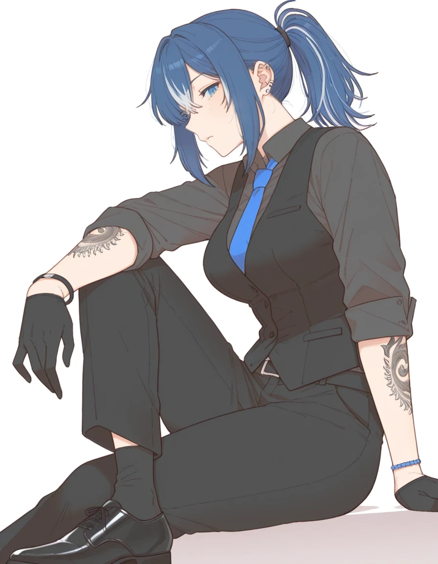 1girl, solo, gloves, blue hair, necktie, blue eyes · Yamete.gg