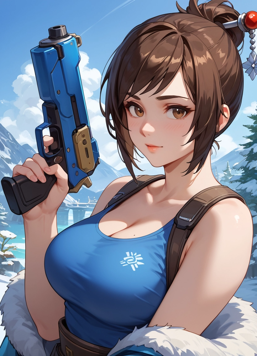 1girl, breasts, brown hair, hair ornament, weapon, gun · Yamete.gg