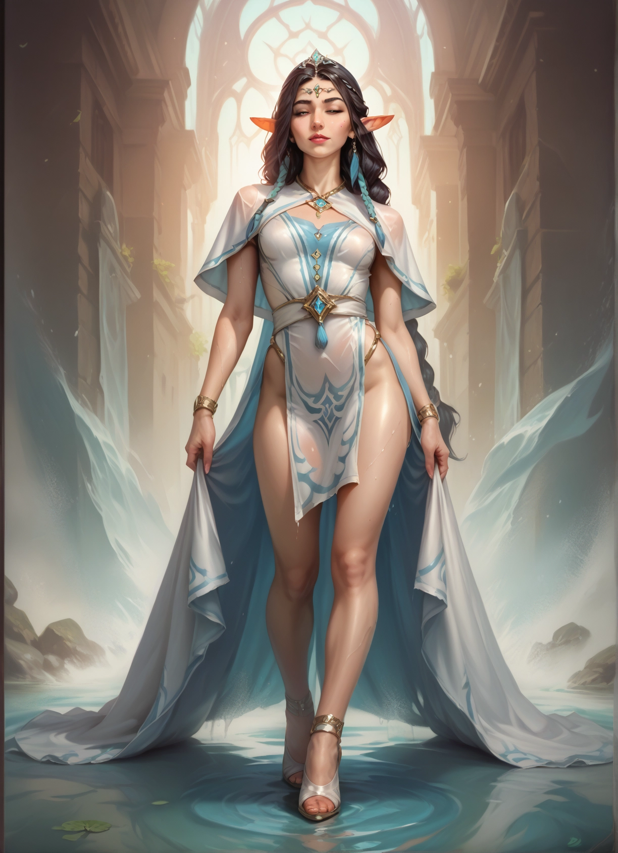 1girl, pointy ears, solo, long hair, jewelry, water · Yamete.gg