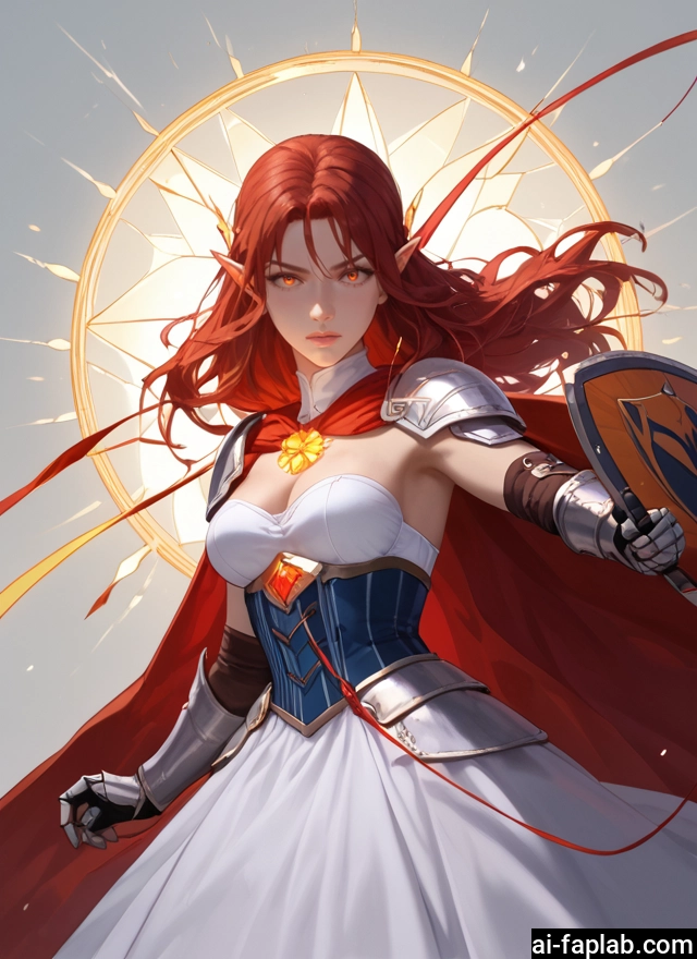 1girl, breasts, pointy ears, solo, long hair, shield · Yamete.gg