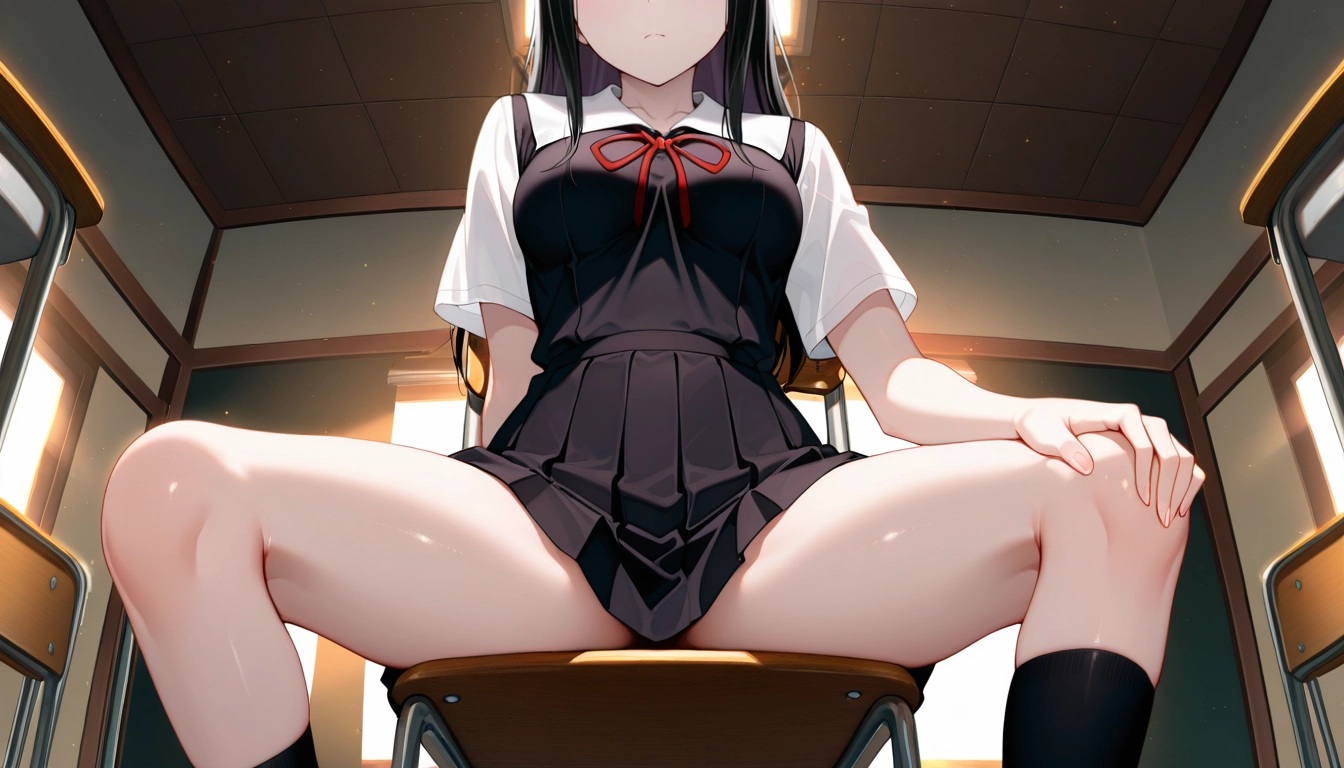 1girl, solo, indoors, spread legs, long hair, black hair · Yamete.gg