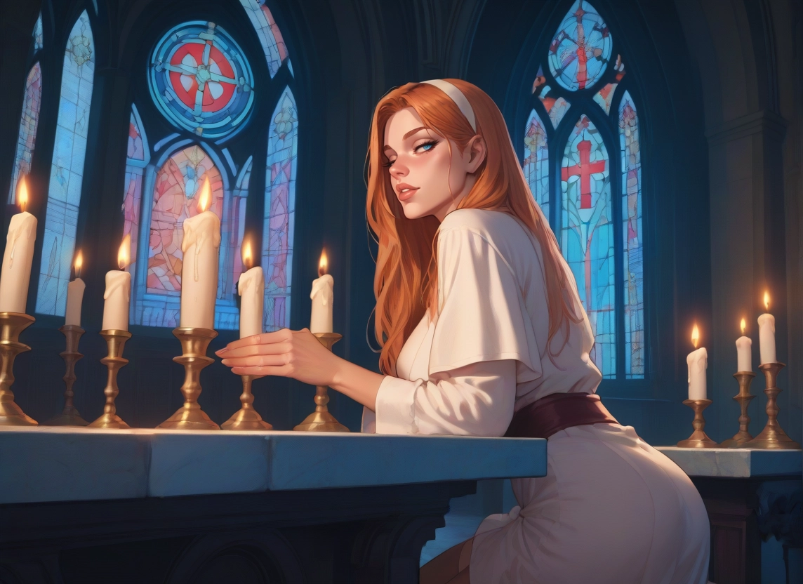 1girl, candle, long hair, blue eyes, hairband, stained glass · Yamete.gg