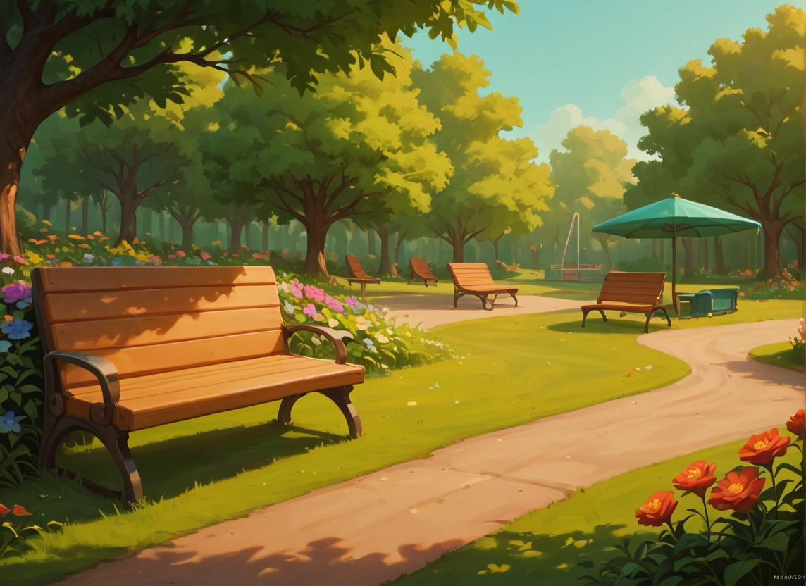 no humans, tree, flower, scenery, bench, outdoors