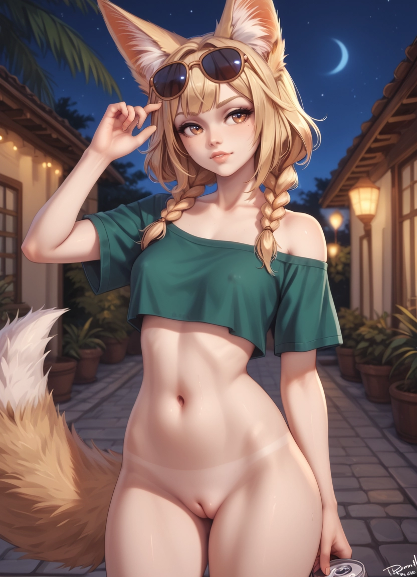 1girl, animal ears, solo, crop top, night, eyewear on head · Yamete.gg