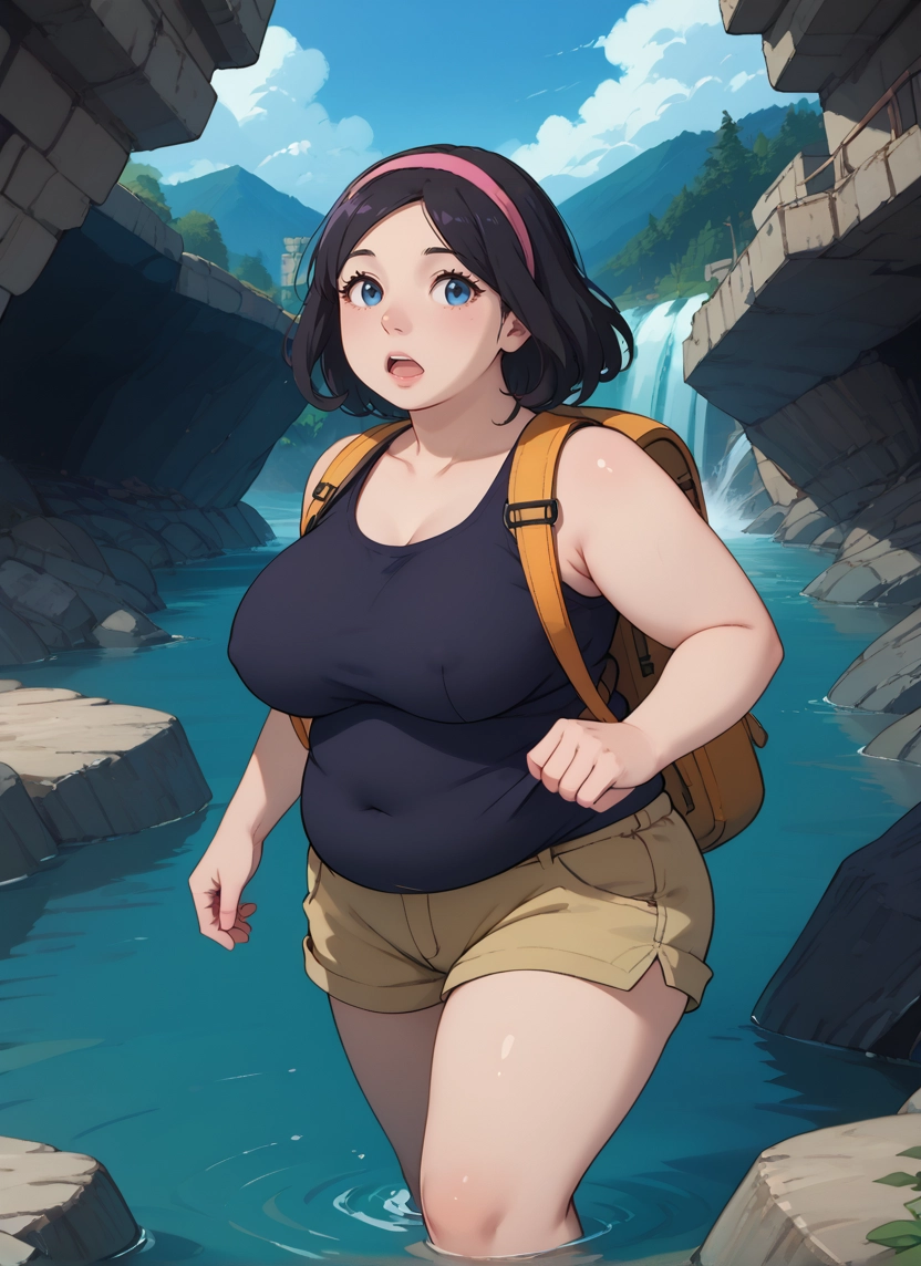 1girl, breasts, shorts, backpack, solo, bag