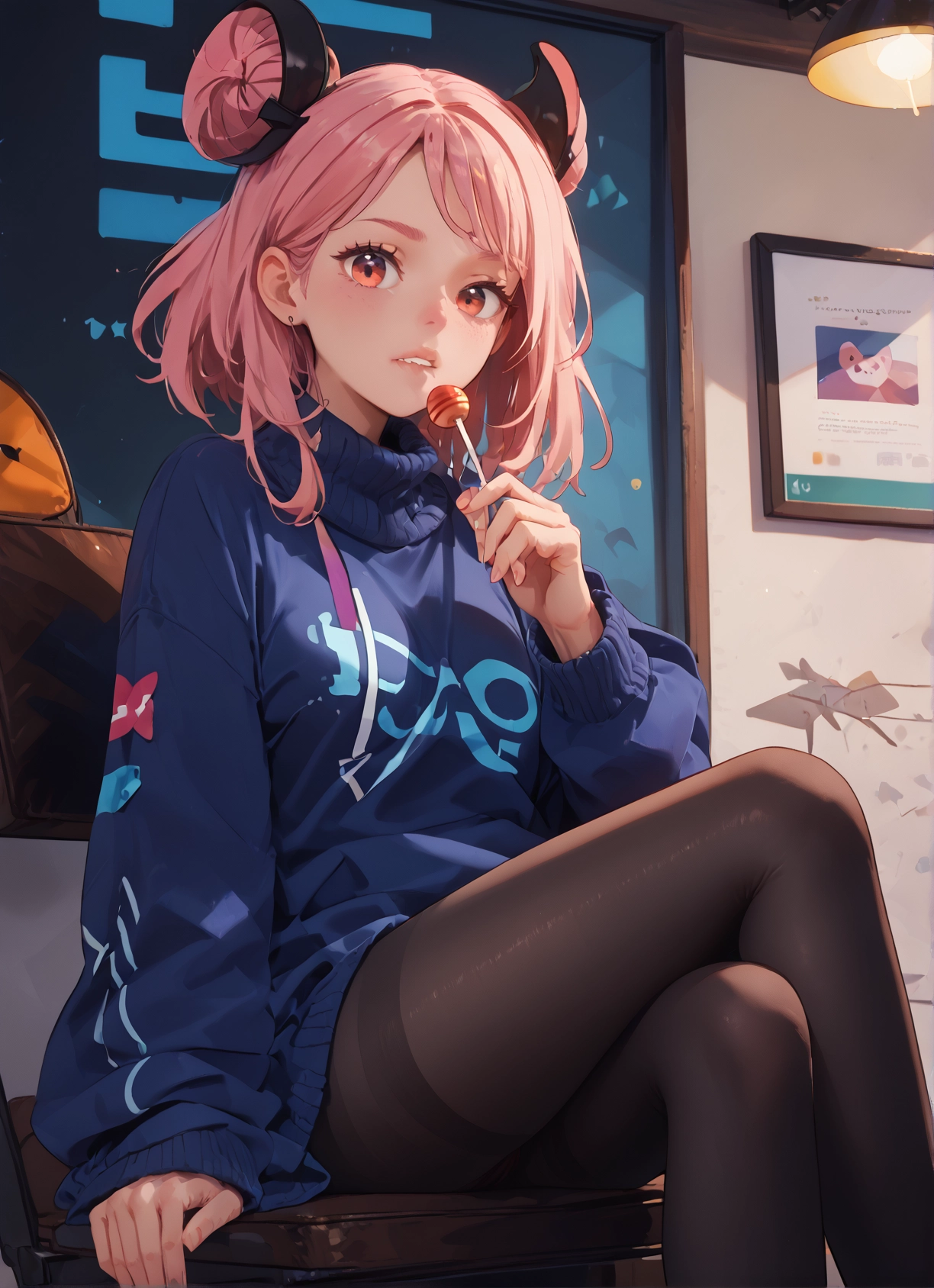 1girl, pantyhose, food, candy, lollipop, pink hair · Yamete.gg