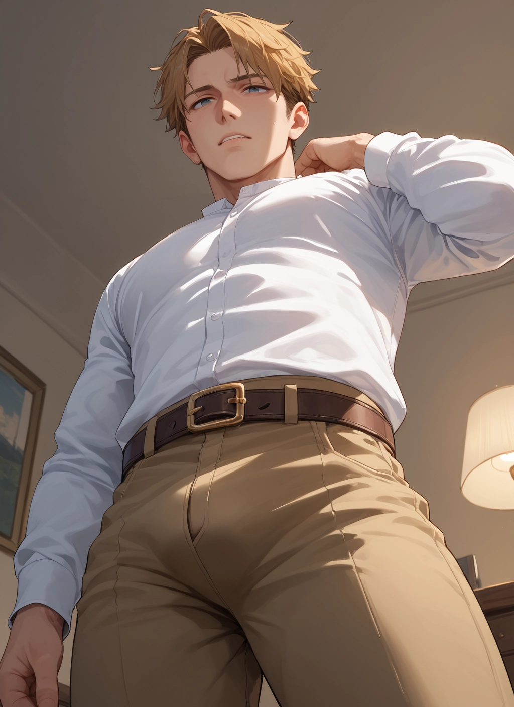 male focus, 1boy, solo, blonde hair, shirt, pants