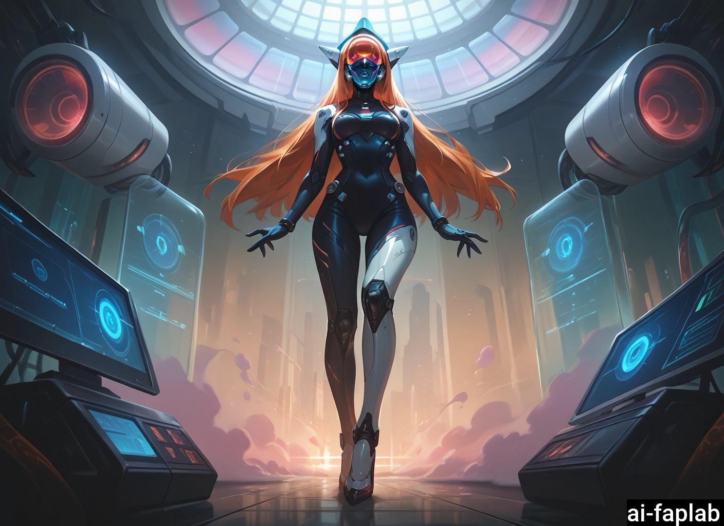 1girl, orange hair, long hair, solo, bodysuit, breasts