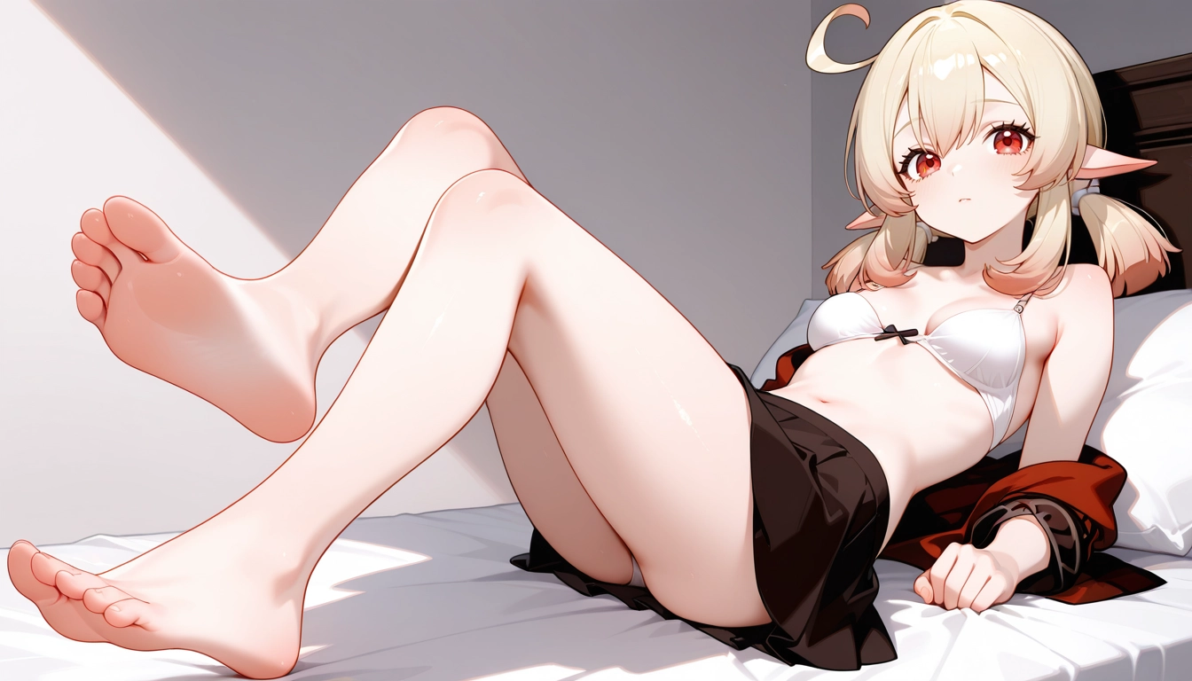 1girl, solo, underwear, bra, barefoot, klee (genshin impact) · Yamete.gg