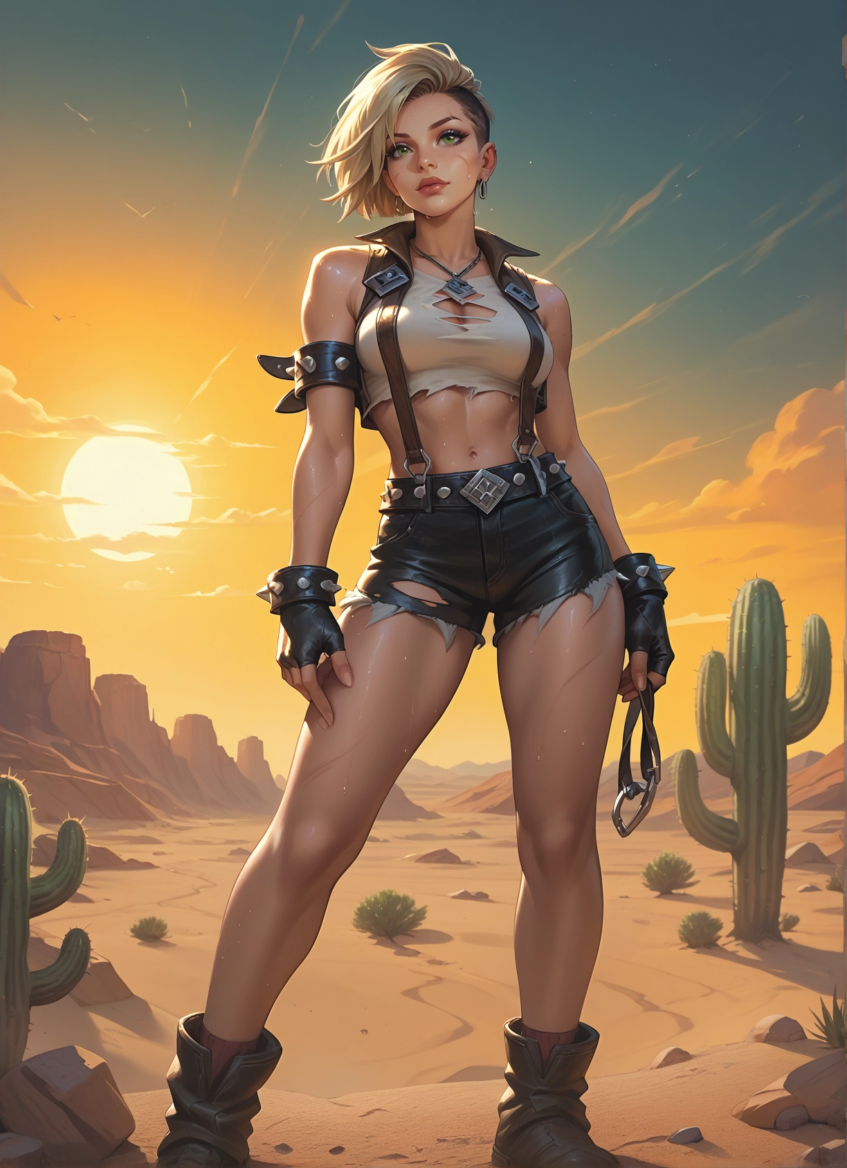 1girl, gloves, solo, fingerless gloves, cactus, jewelry · Yamete.gg