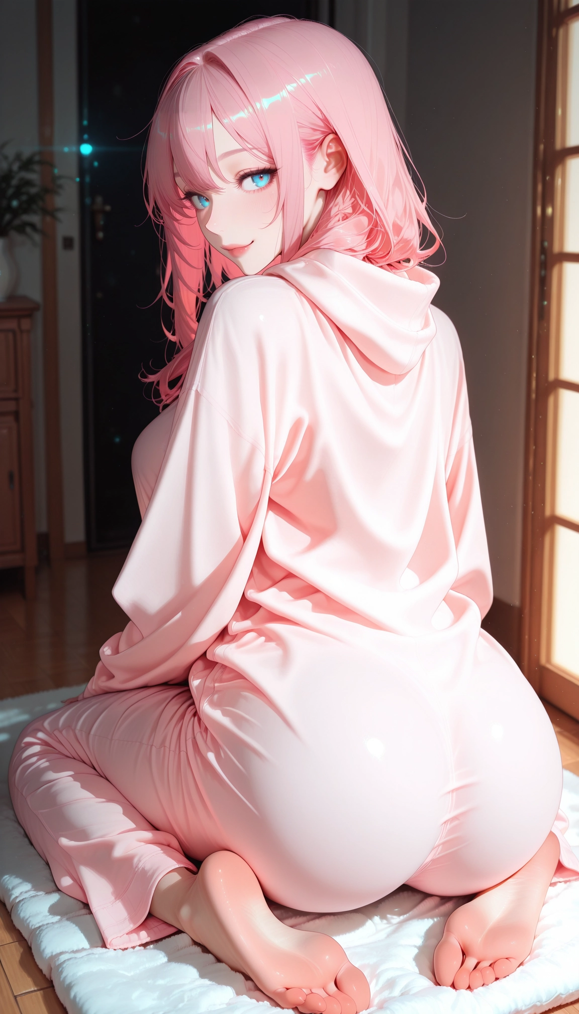 1girl, barefoot, solo, pink hair, looking at viewer, looking back · Yamete.gg