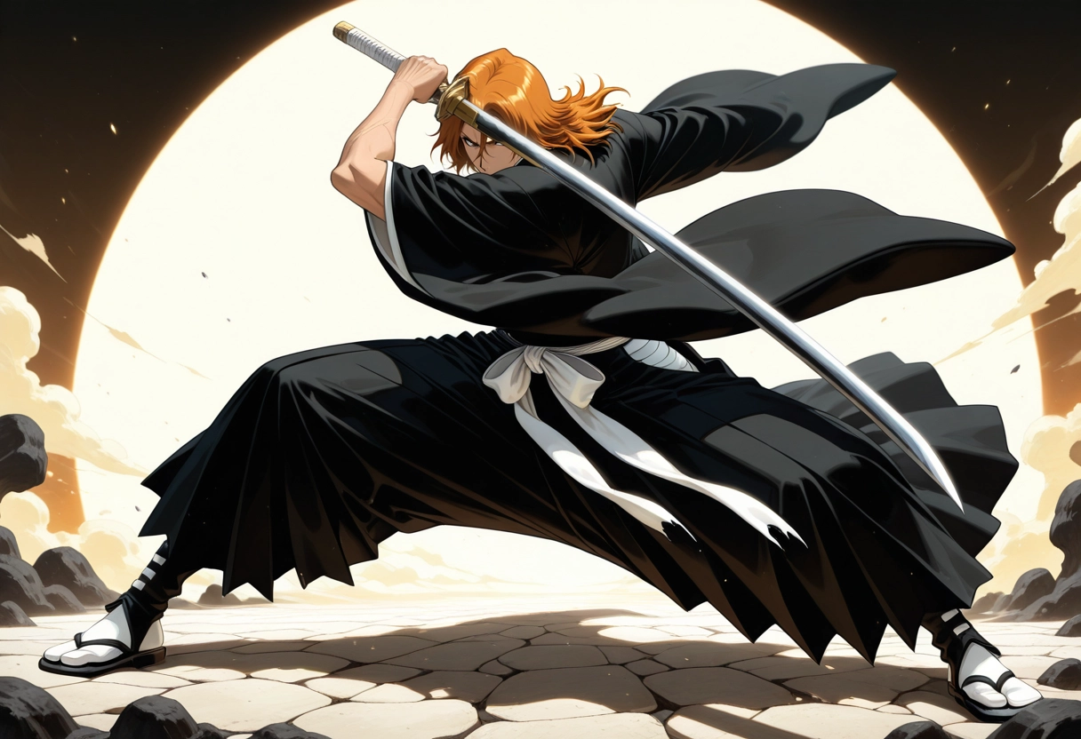 1boy, sword, male focus, weapon, orange hair, solo · Yamete.gg