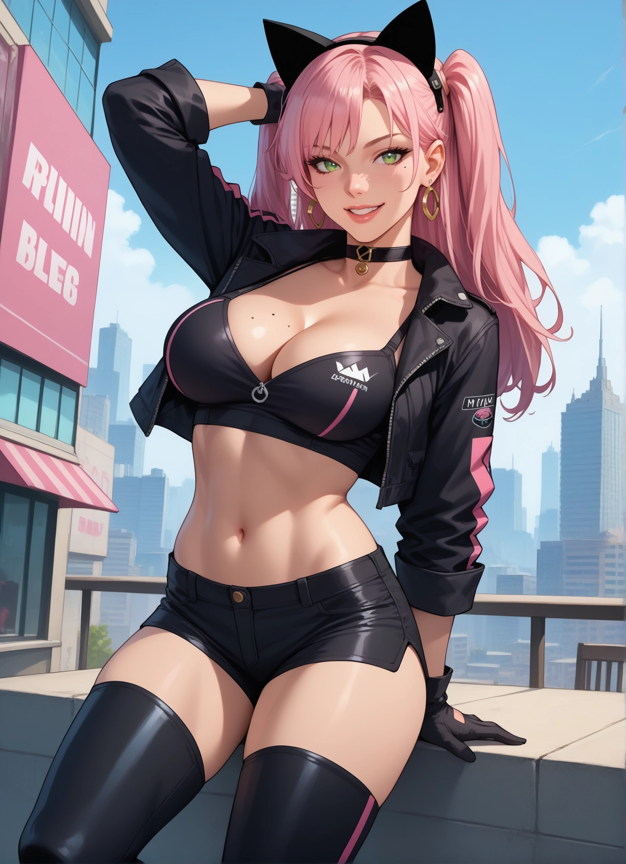 1girl, breasts, green eyes, pink hair, thighhighs, mole · Yamete.gg