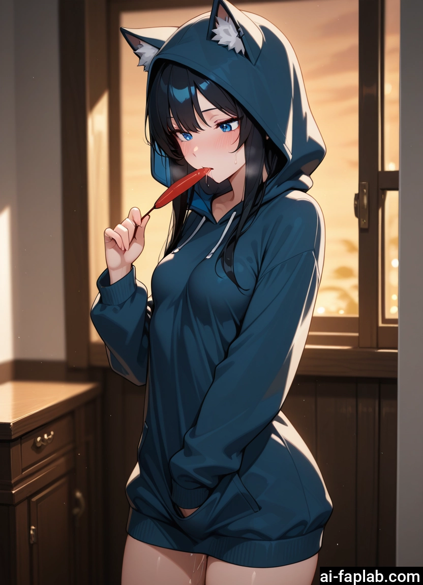 1girl, solo, blue eyes, hood, black hair, food · Yamete.gg