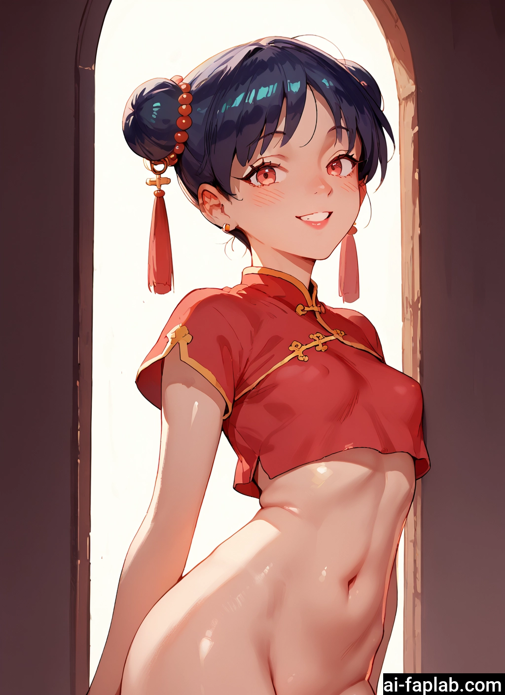 1girl, solo, smile, navel, double bun, breasts · Yamete.gg