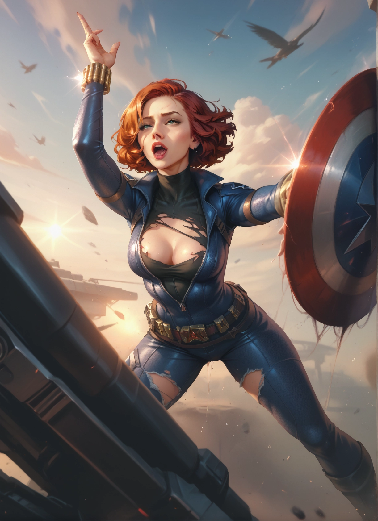 1girl, breasts, torn clothes, bird, solo, cleavage · Yamete.gg