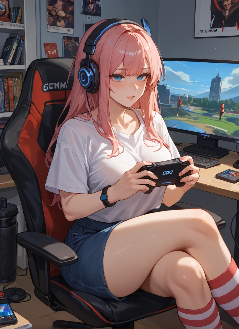 1girl, pink hair, headphones, blue eyes, shirt, sitting · Yamete.gg