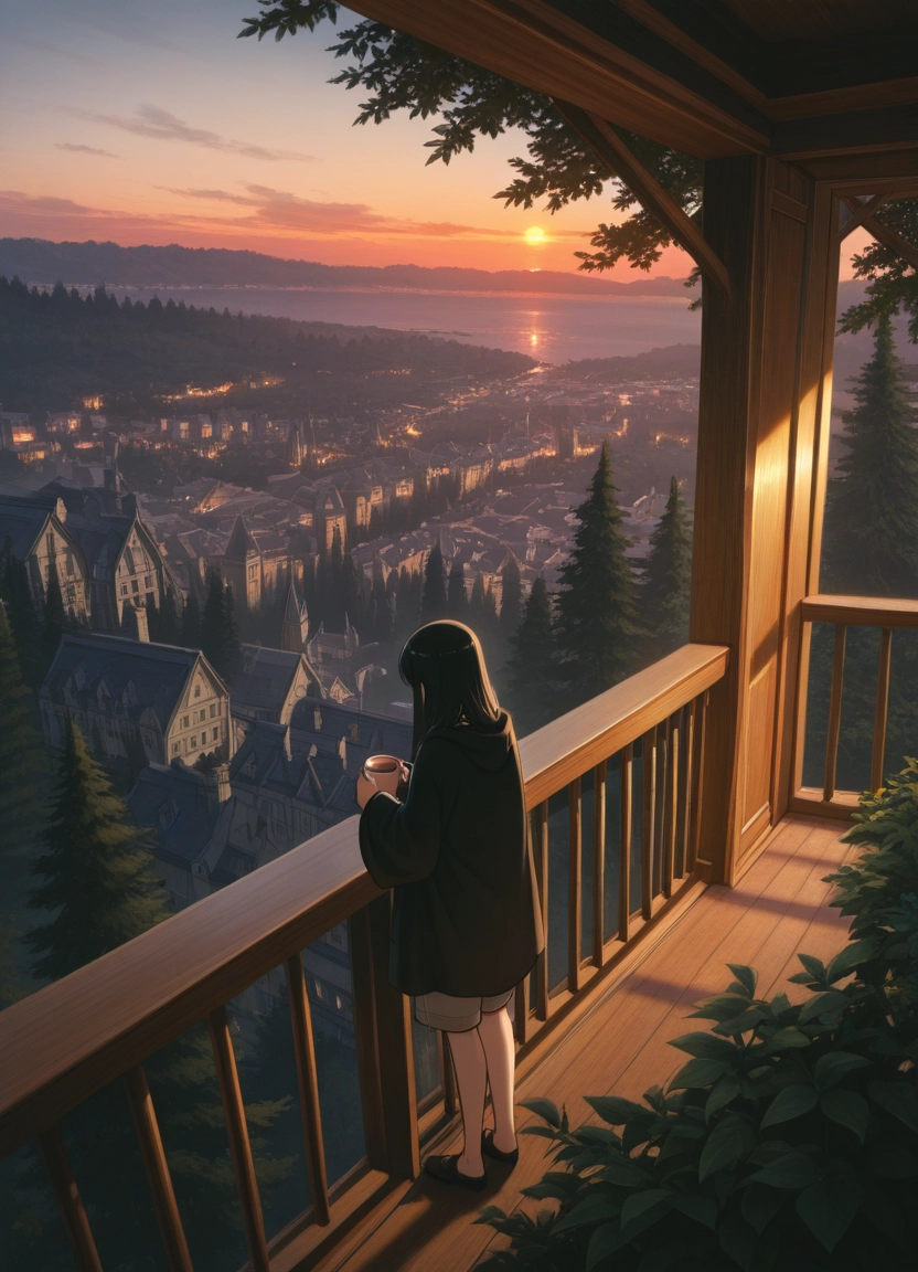 1girl, tree, solo, scenery, balcony, sunset · Yamete.gg
