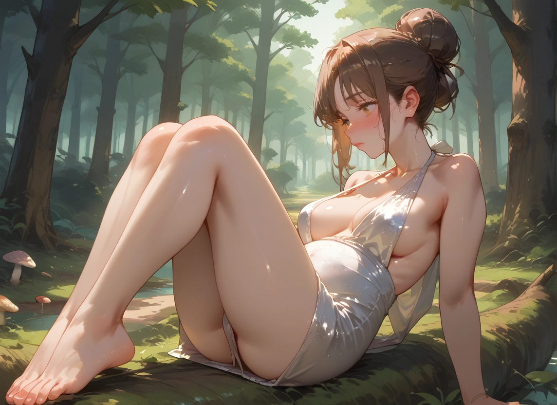 1girl, breasts, barefoot, solo, brown hair, dress · Yamete.gg