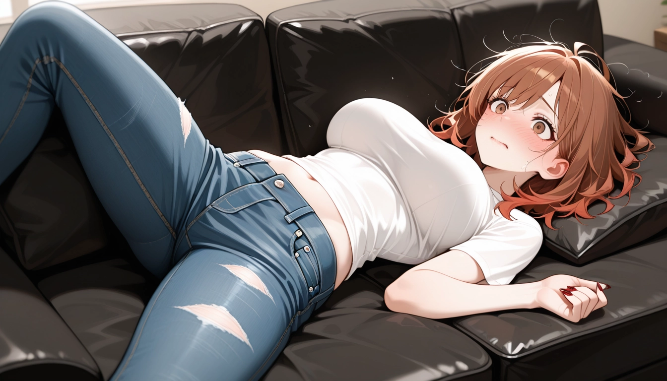 1girl, pants, jeans, breasts, shirt, denim · Yamete.gg
