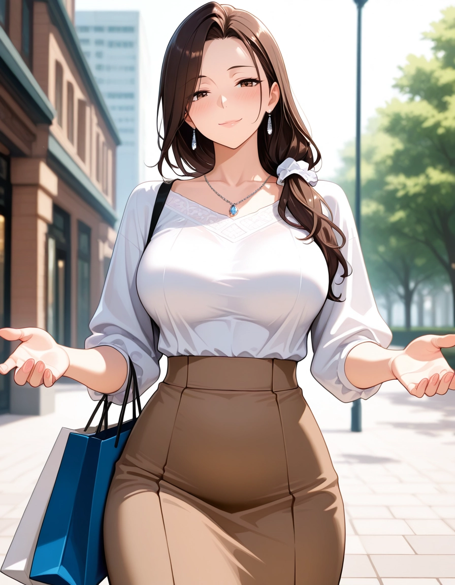 1girl, skirt, jewelry, solo, breasts, outdoors · Yamete.gg