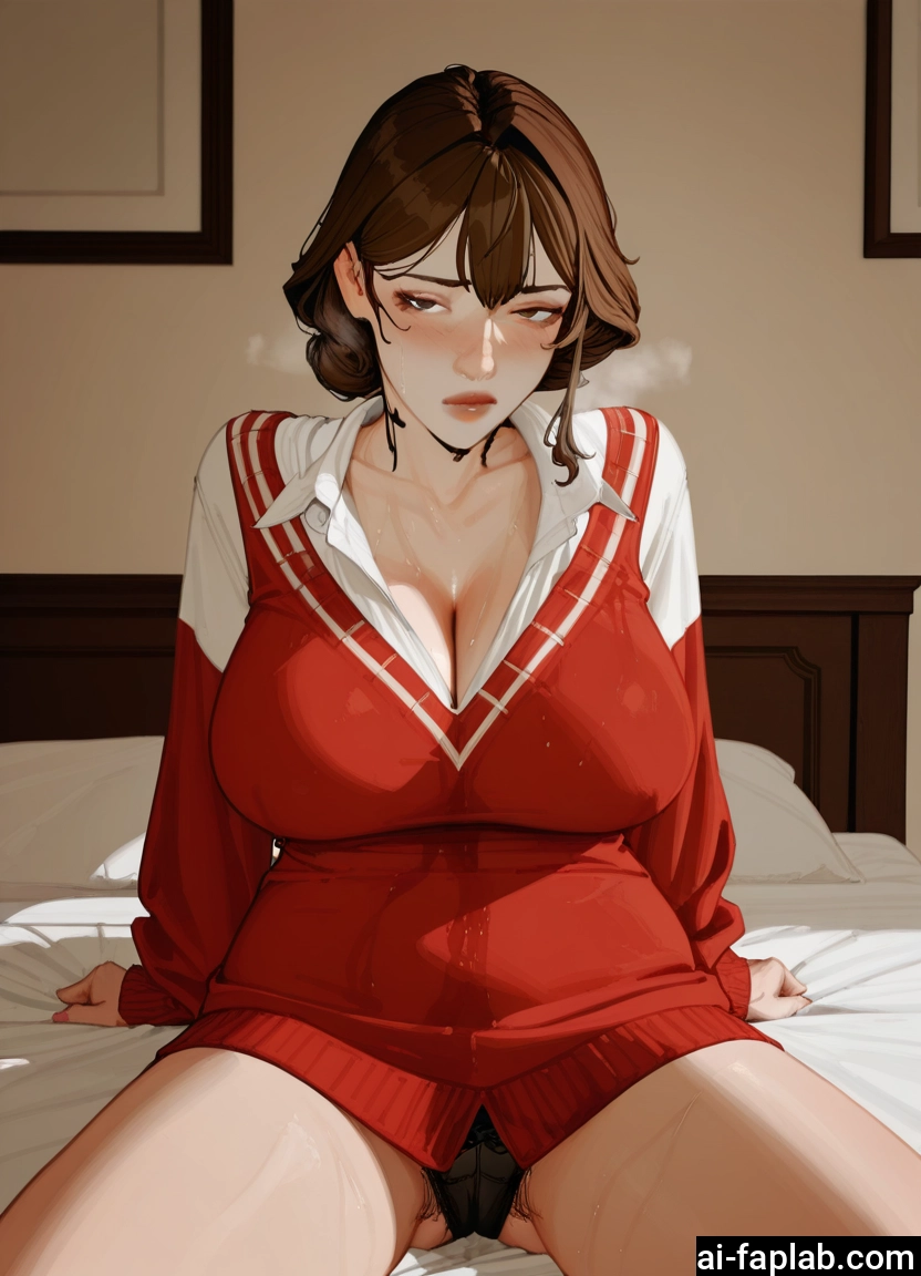 1girl, breasts, underwear, panties, brown hair, cleavage