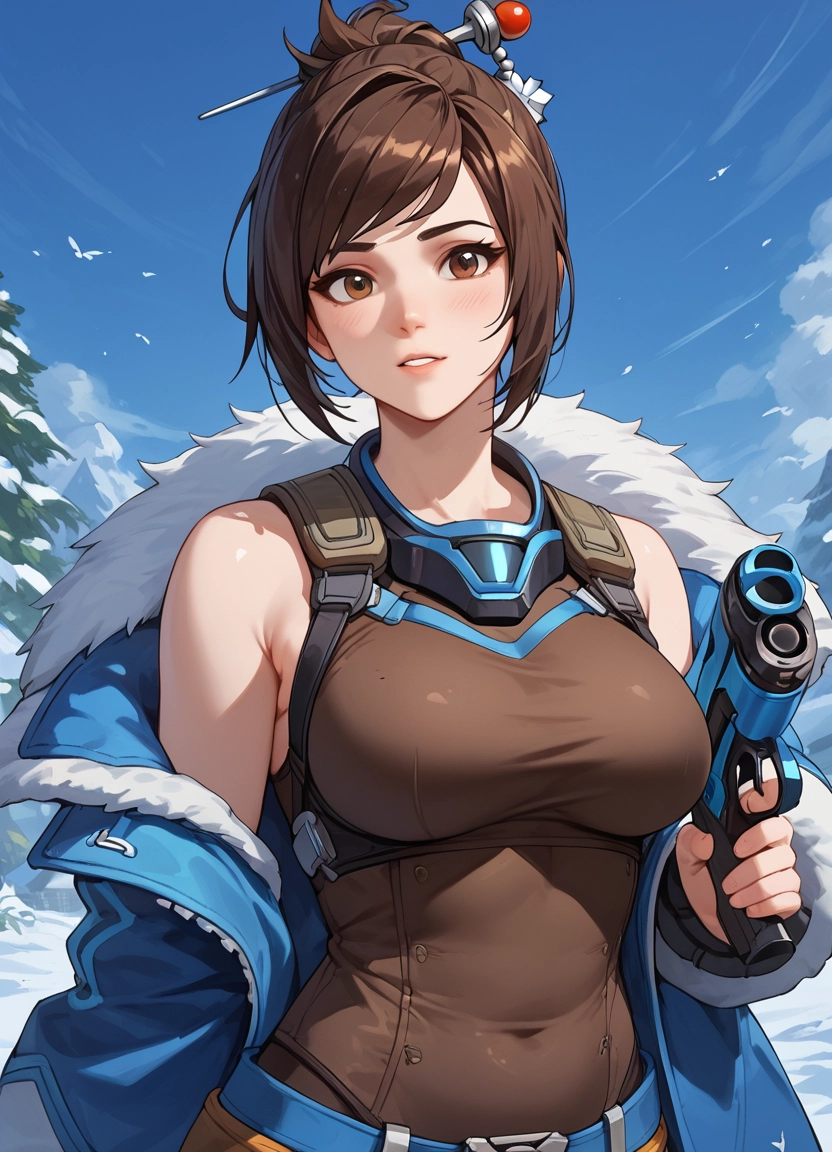 1girl, breasts, brown hair, weapon, solo, hair ornament · Yamete.gg