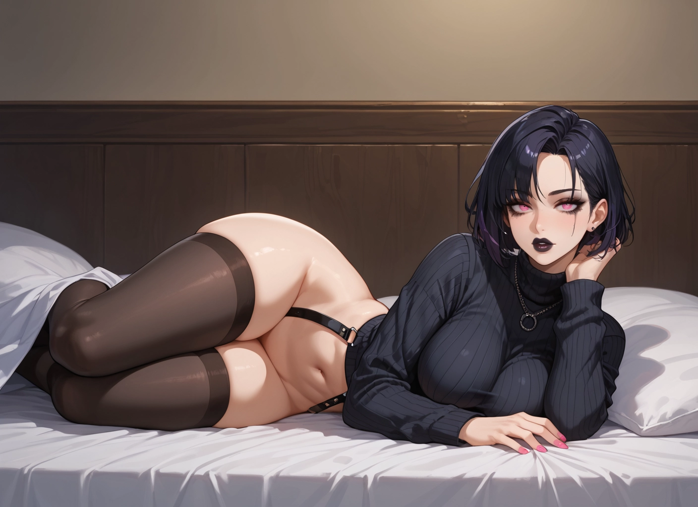 1girl, thighhighs, breasts, navel, lying, black hair · Yamete.gg