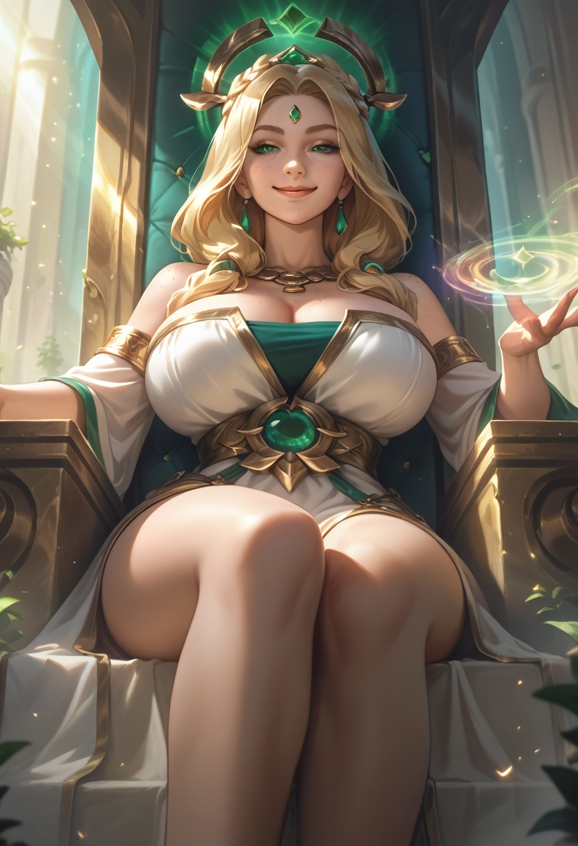 1girl, breasts, blonde hair, jewelry, sitting, green eyes · Yamete.gg