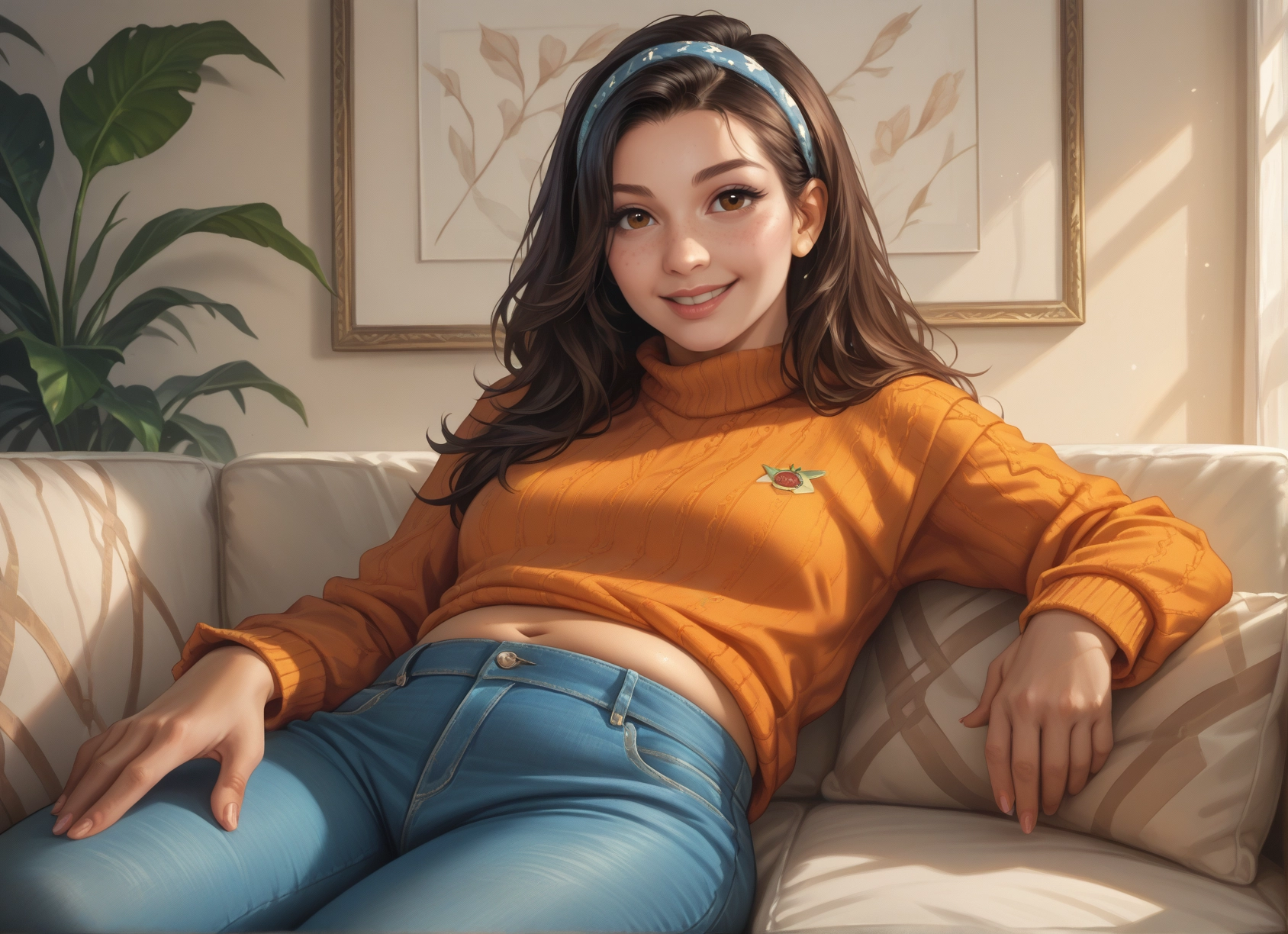 1girl, solo, brown hair, pants, sweater, navel · Yamete.gg