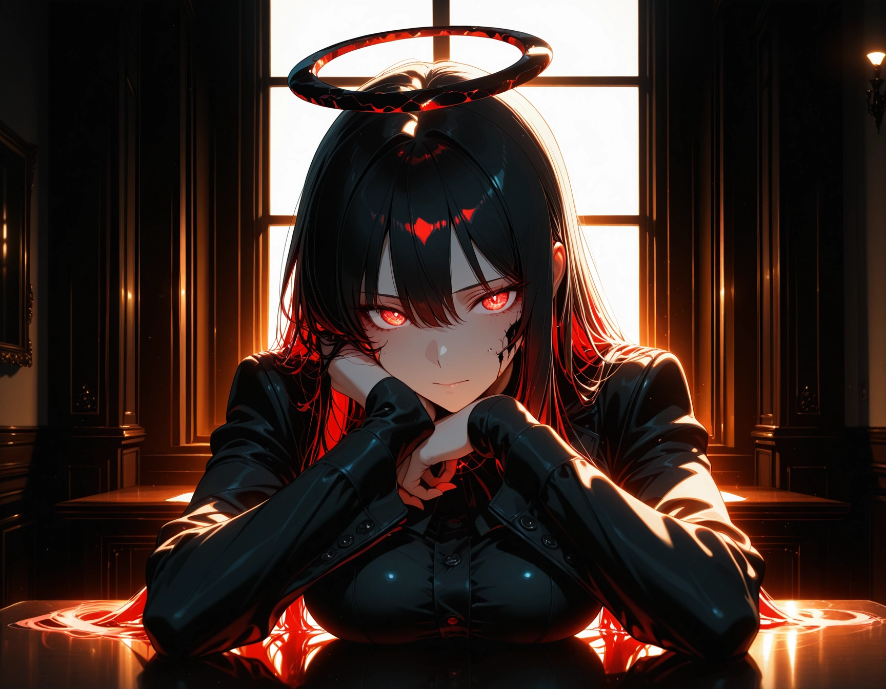 1girl, solo, red eyes, looking at viewer, black hair, long hair · Yamete.gg