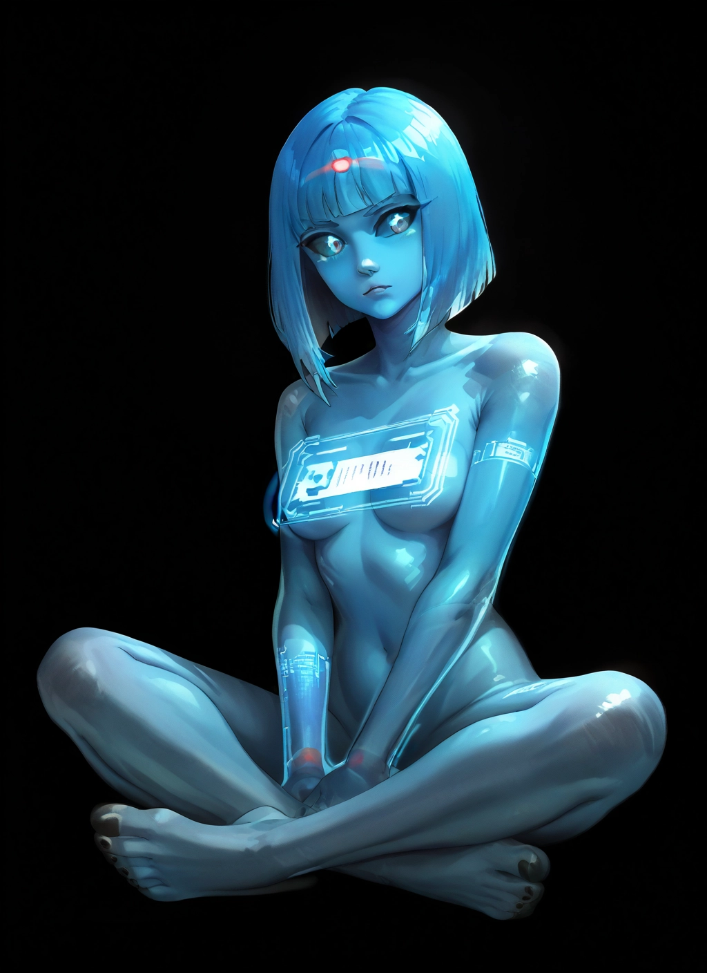 1girl, solo, breasts, sitting, colored skin, navel · Yamete.gg