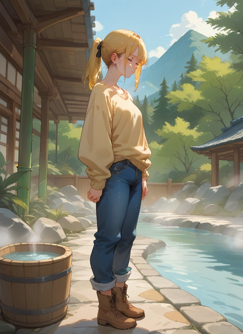 1girl, blonde hair, solo, pants, denim, boots · Yamete.gg