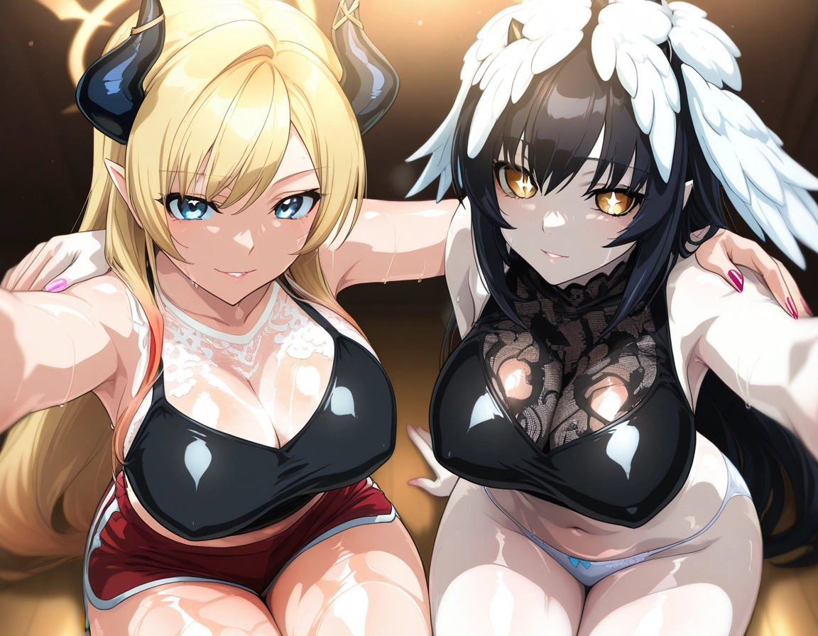 breasts, multiple girls, 2girls, blonde hair, horns, large breasts · Yamete.gg